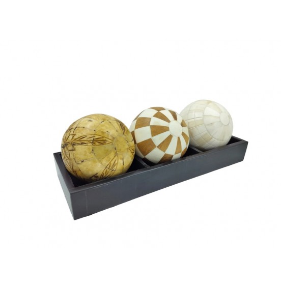 SET/3 BEYAZ/KAHVERENGİ/BEJ KEMİK TOPLARI + REÇİNE TEPSİ 33x12x12CM